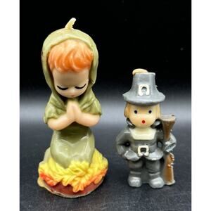 2 Adorable Vtg Gurley Pilgrim & Thankful Girl Candles Unburned Thanksgiving A94